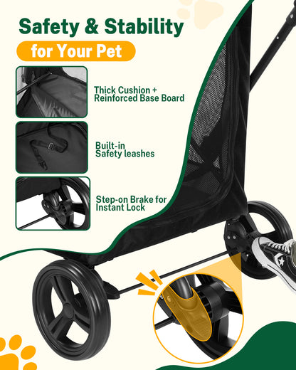 Gonex dog stroller with reinforced base board, safety leashes, and step-on brake