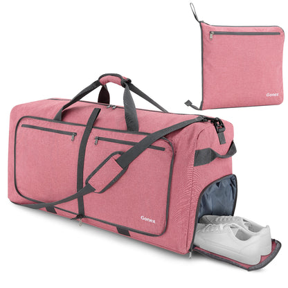Coral Pink Gonex foldable lightweight duffle bag with multiple zippered pockets