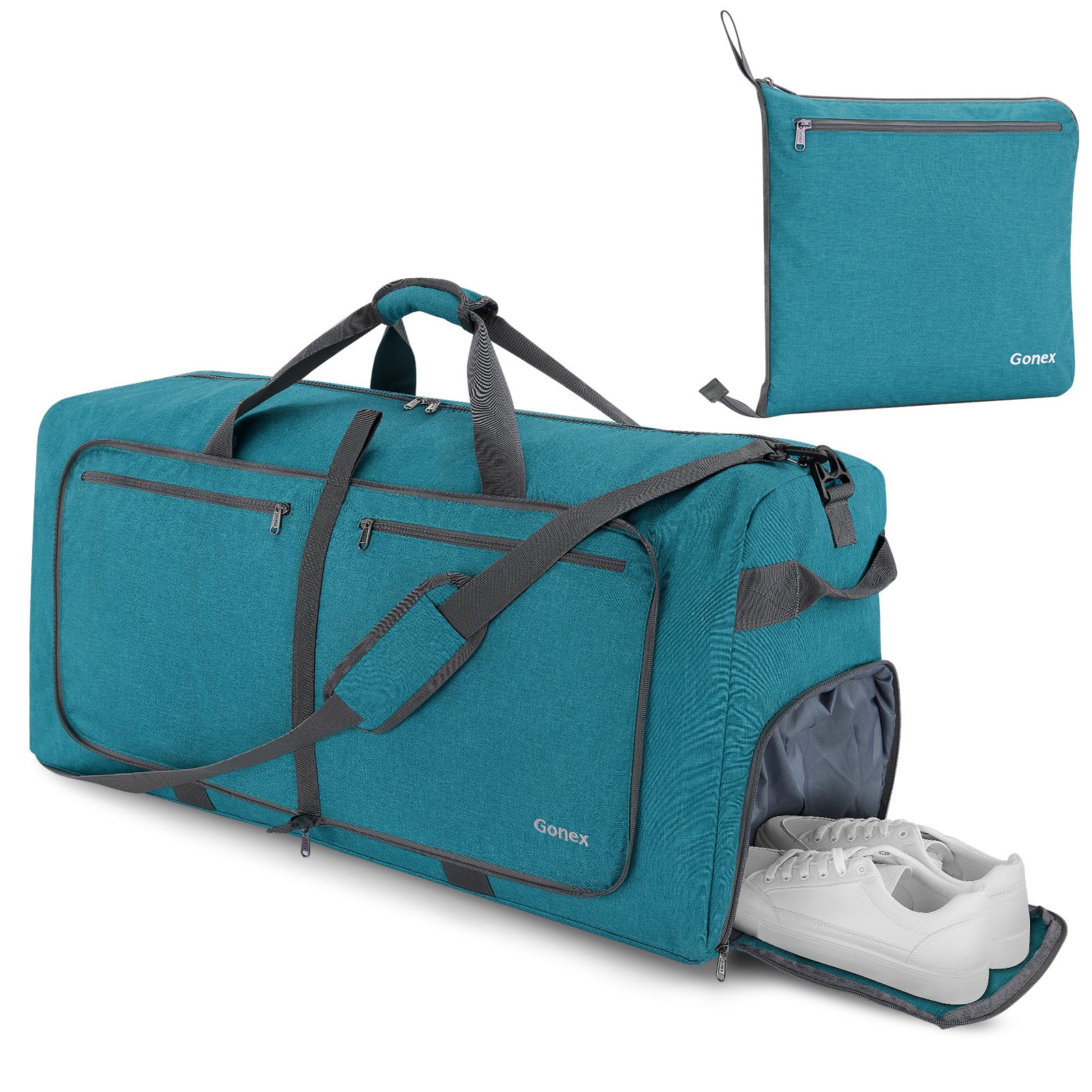 Teal Blue Gonex foldable lightweight duffle bag with multiple zippered pockets