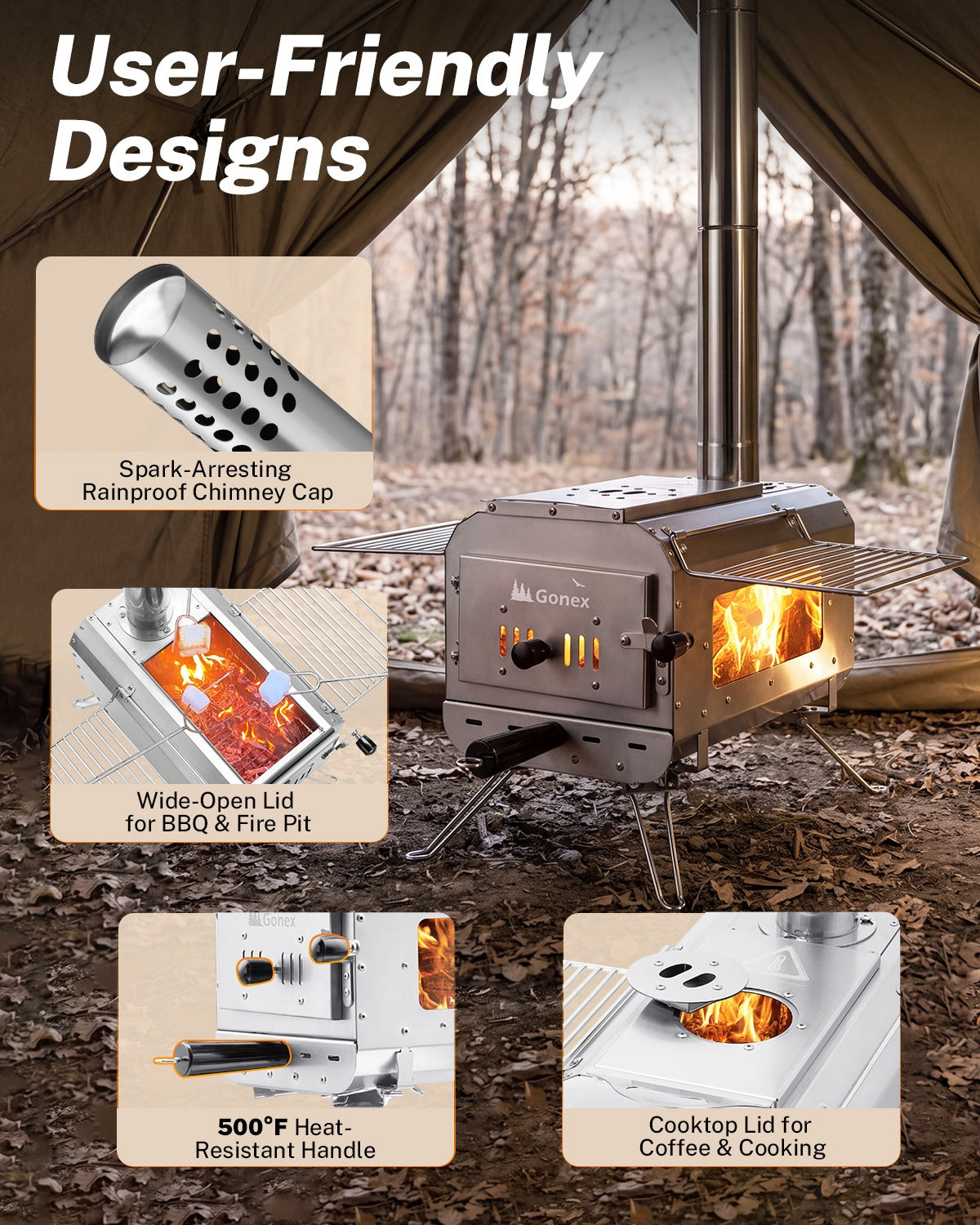 A metal camping stove with an open fire pit and visible flames, shown inside a tent with outdoor forest scenery in the background. Text callouts highlight features such as a spark-arresting rainproof chimney cap, a wide-open lid for BBQ &amp; fire pit, a heat-resistant handle, and cooktop lid for coffee &amp; cooking.