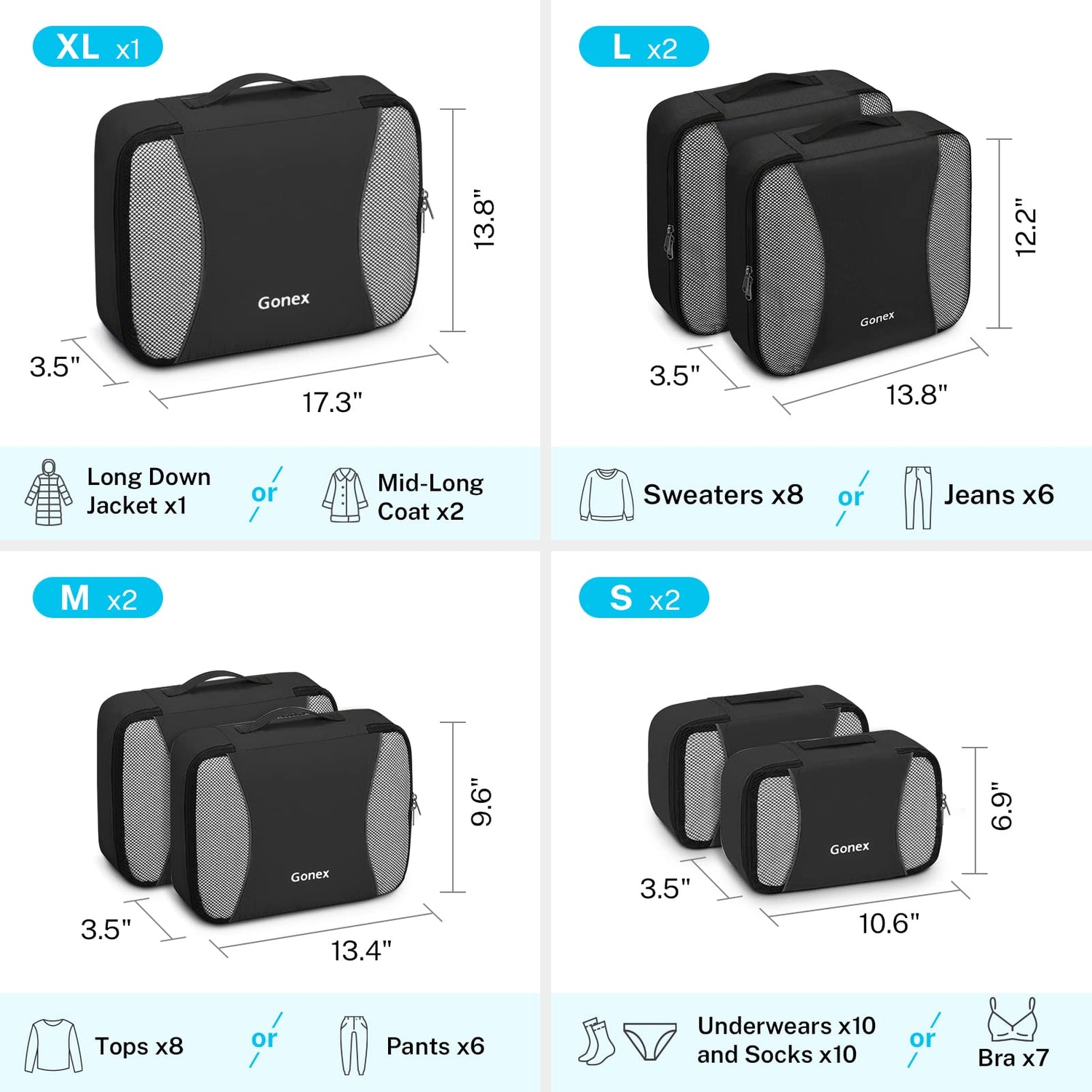 gonex packing cubes size chart