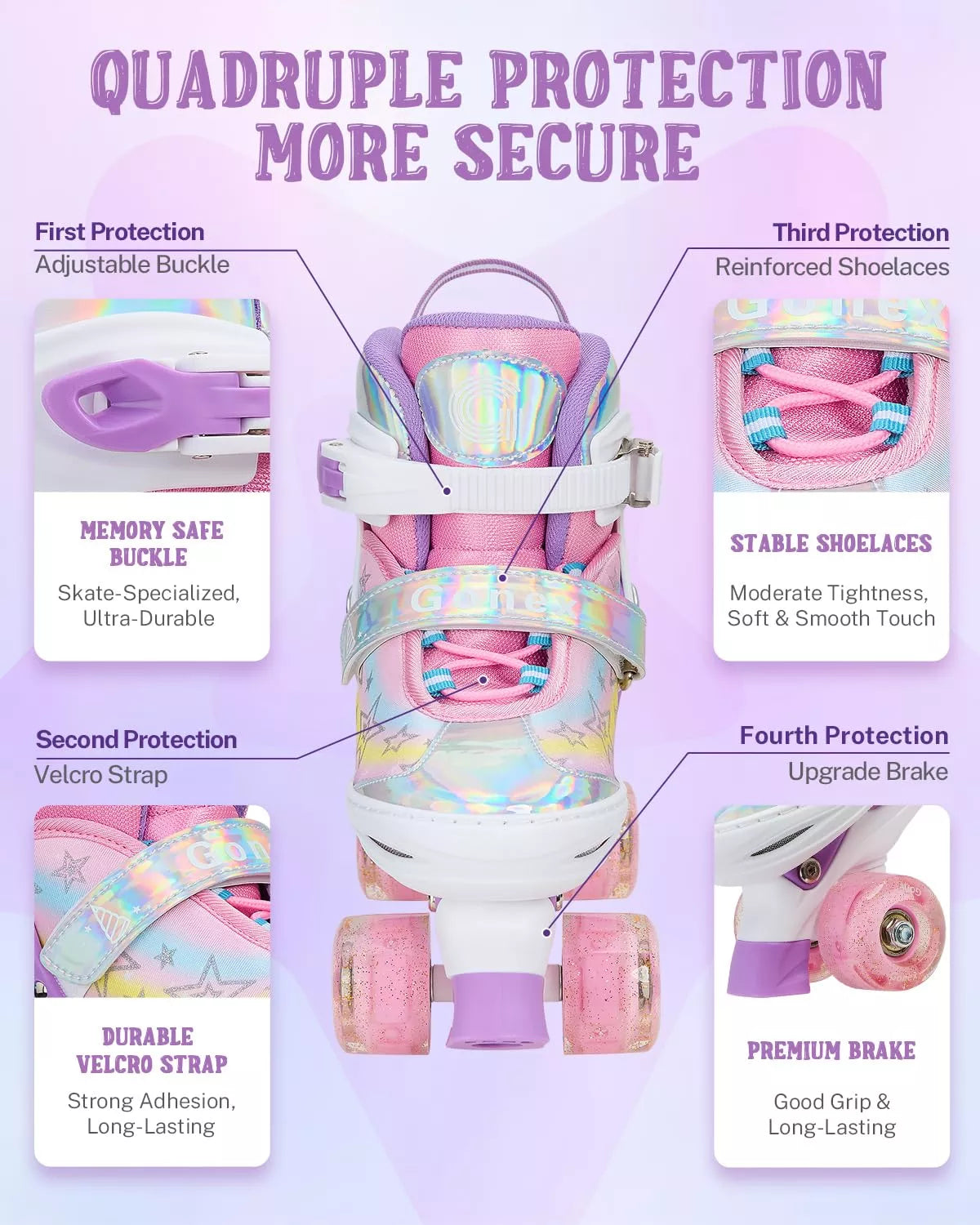 Gonex pink and rainbow roller skates with features highlighted 