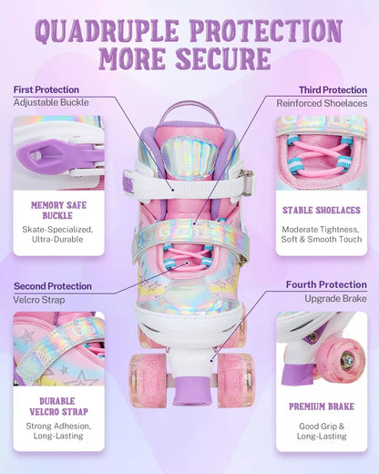 Gonex pink and rainbow roller skates with features highlighted 