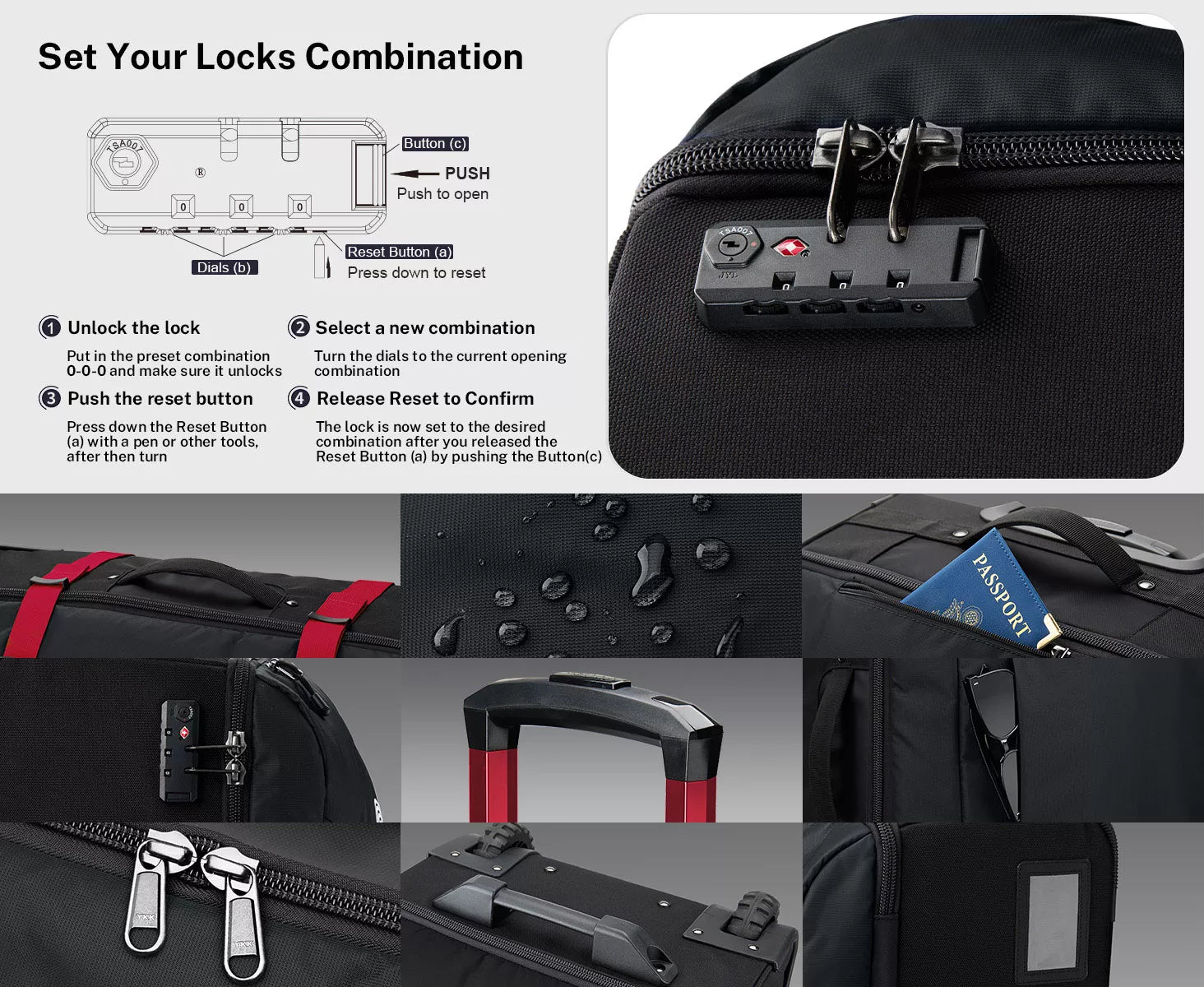 Tsa lock set up and features of gonex rolling duffel 30 inch