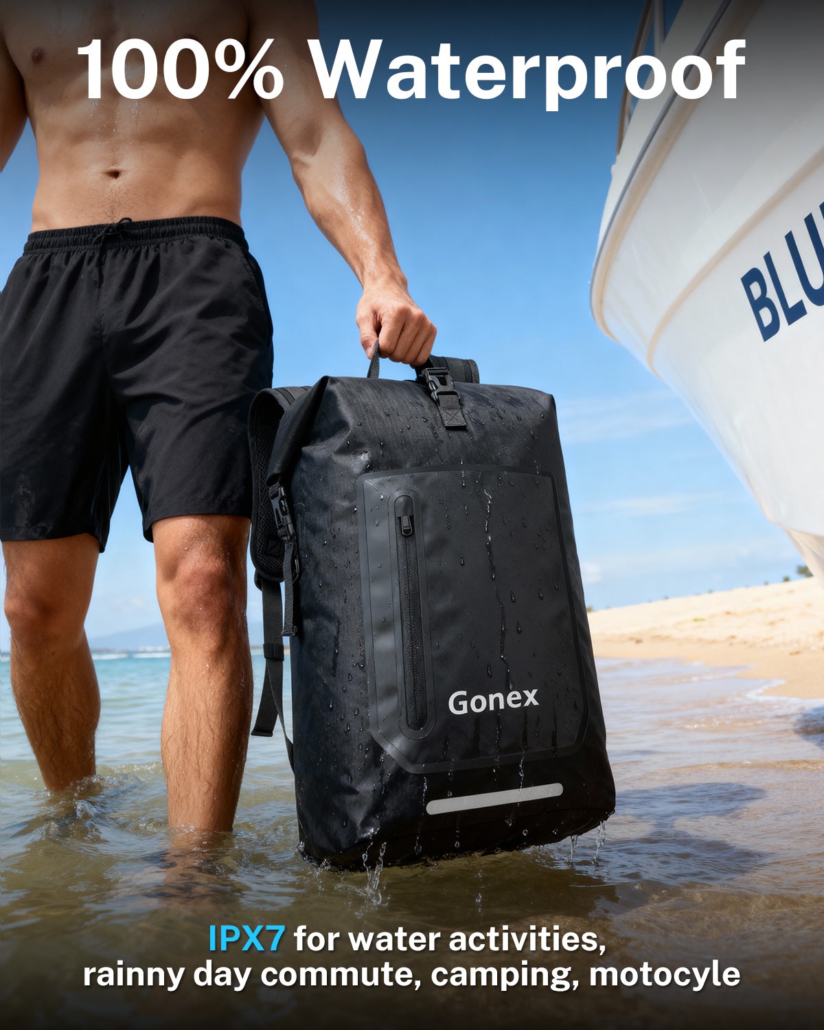 Gonex IPX7 waterproof backpack for water activities, rainy commute, camping and motorcycle trips