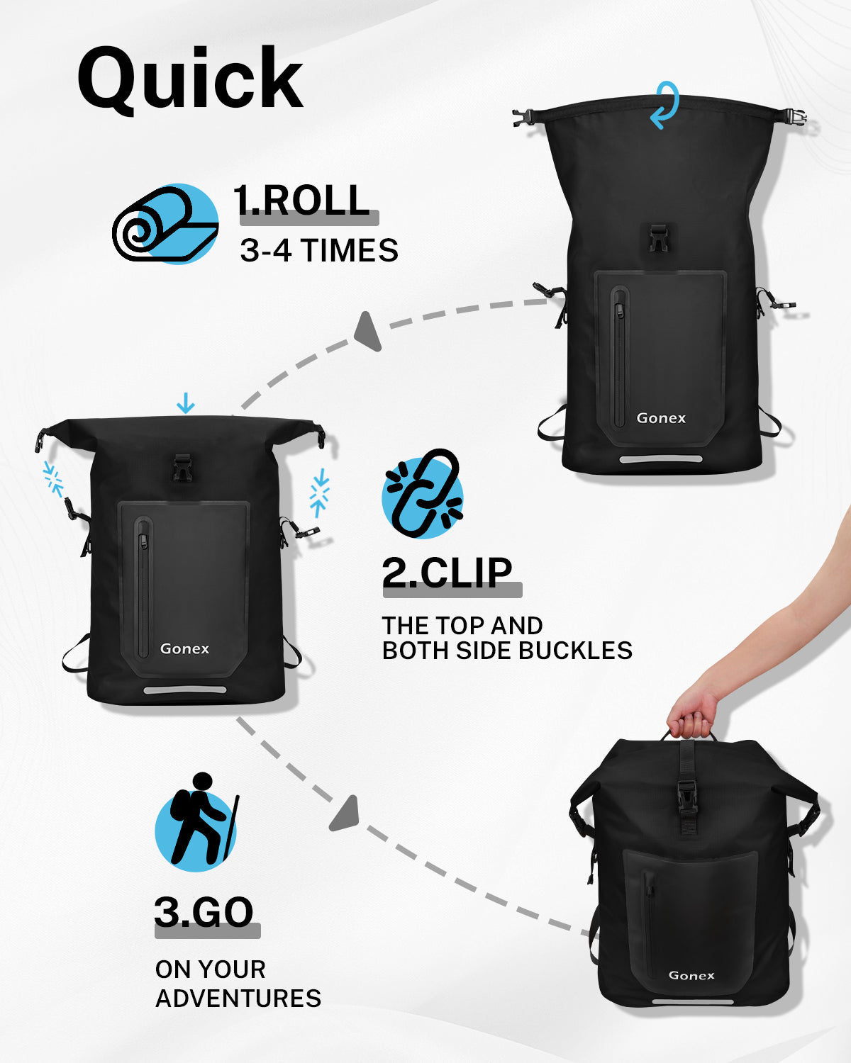Gonex waterproof backpack with quick roll-top closure and buckle system
