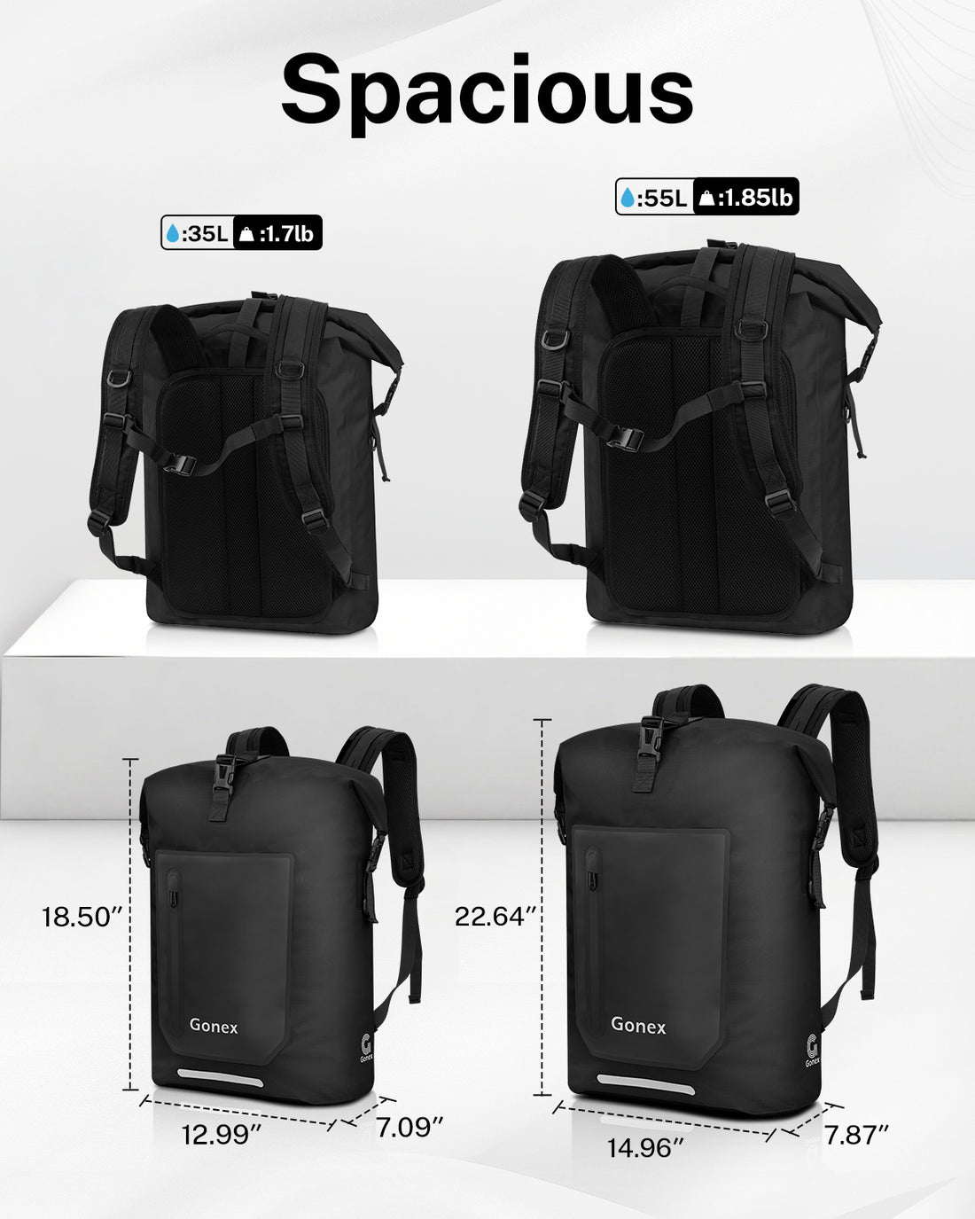 Gonex waterproof backpack size comparison showing 35L and 55L capacity