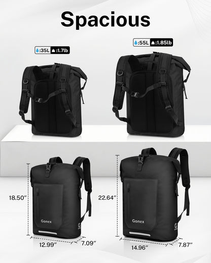 Gonex waterproof backpack size comparison showing 35L and 55L capacity