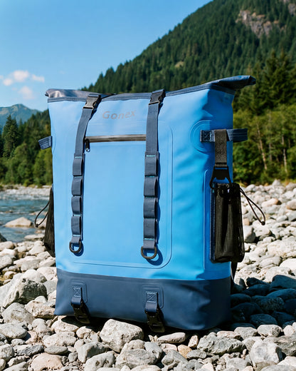 Gonex waterproof cooler backpack used outdoors near the river