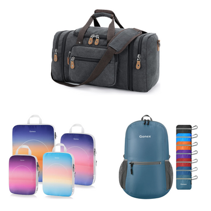Gonex 3-piece travel set with dark grey canvas duffle, sunset gradient packing cubes, and grey blue packable backpack