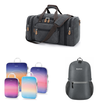 Gonex 3-piece travel set with dark grey canvas duffle, sunset gradient packing cubes, and grey packable backpack