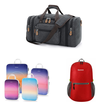 Gonex 3-piece travel set with dark grey canvas duffle, sunset gradient packing cubes, and red packable backpack