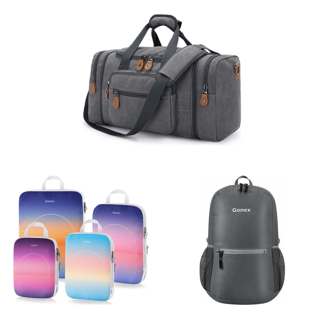 Gonex 3-piece travel set with grey canvas duffle, sunset gradient packing cubes, and grey packable backpack