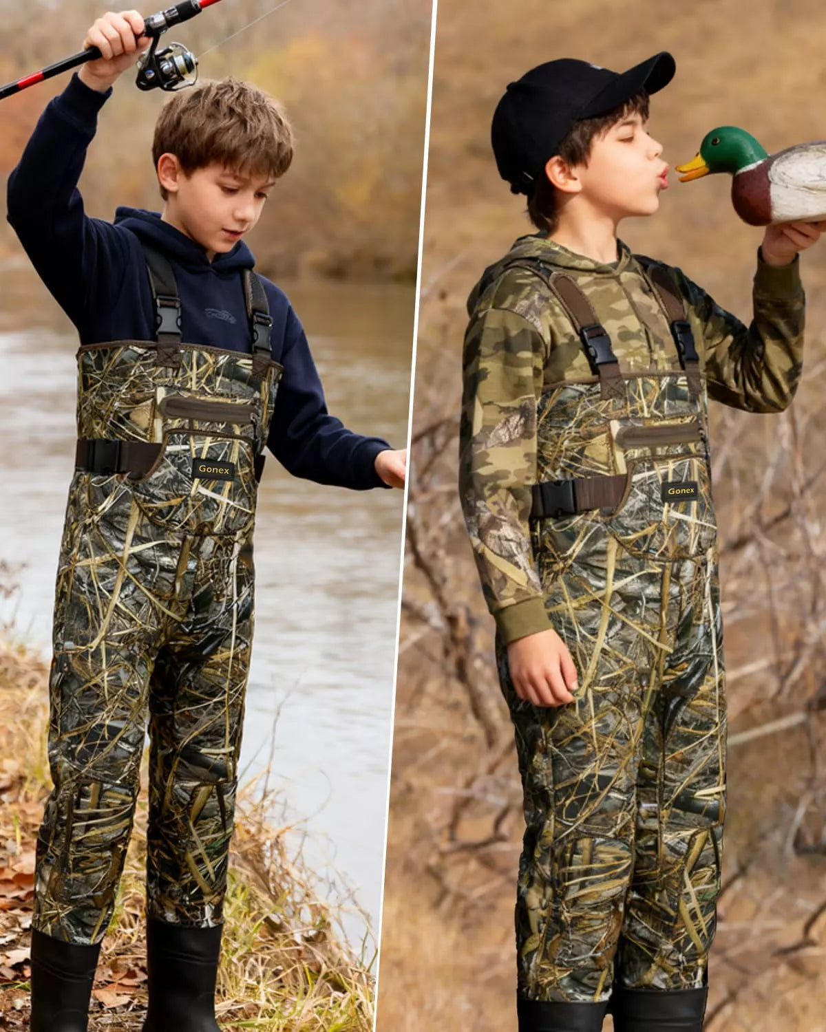 children wear chest wader standing on the river