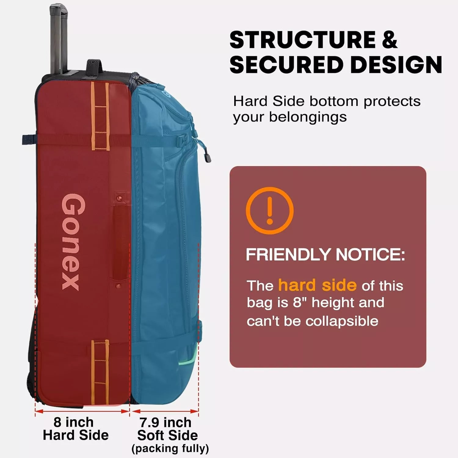 Gonex large duffle bag with wheels structure and inner design, including height measurement.