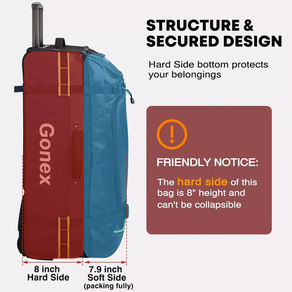 Gonex large duffle bag with wheels structure and inner design, including height measurement.