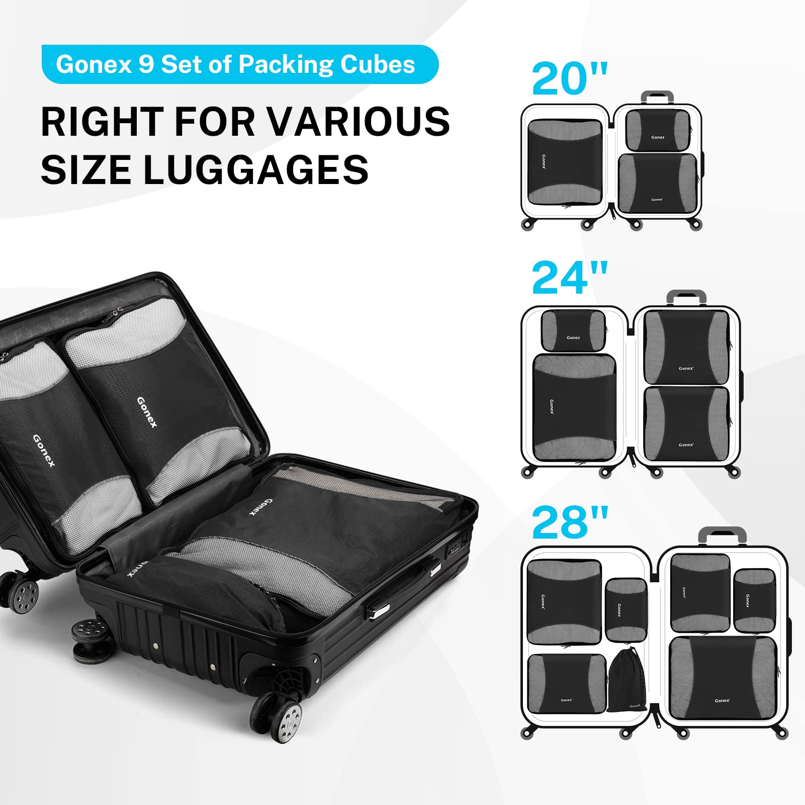Gonex Packing Cubes for Suitcase Set of 9 Organizers for Luggage