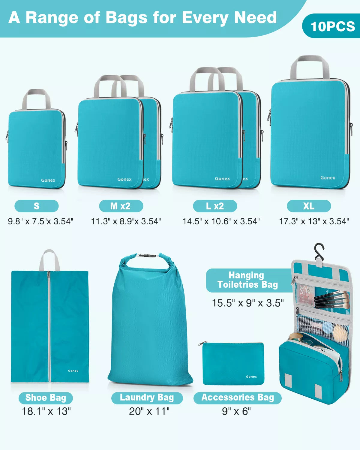 10 set of blue packing cubes for travel with dimensions and types displayed