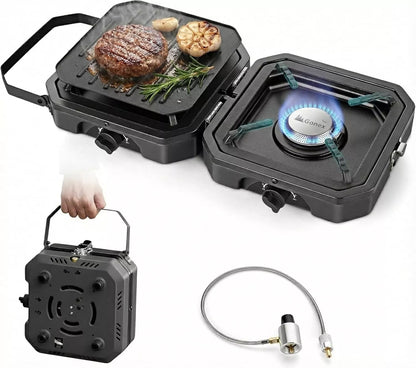 Gonex portable gas stove with grill top, food being cooked, and accessories