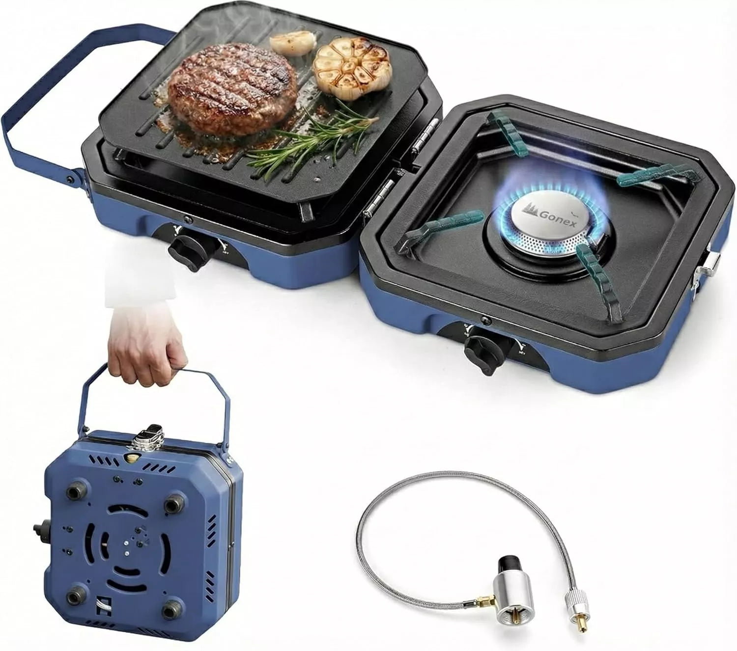 Gonex blue portable gas stove with grill top, hand holding it, and gas connection hose