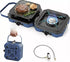 Gonex blue portable gas stove with grill top, hand holding it, and gas connection hose