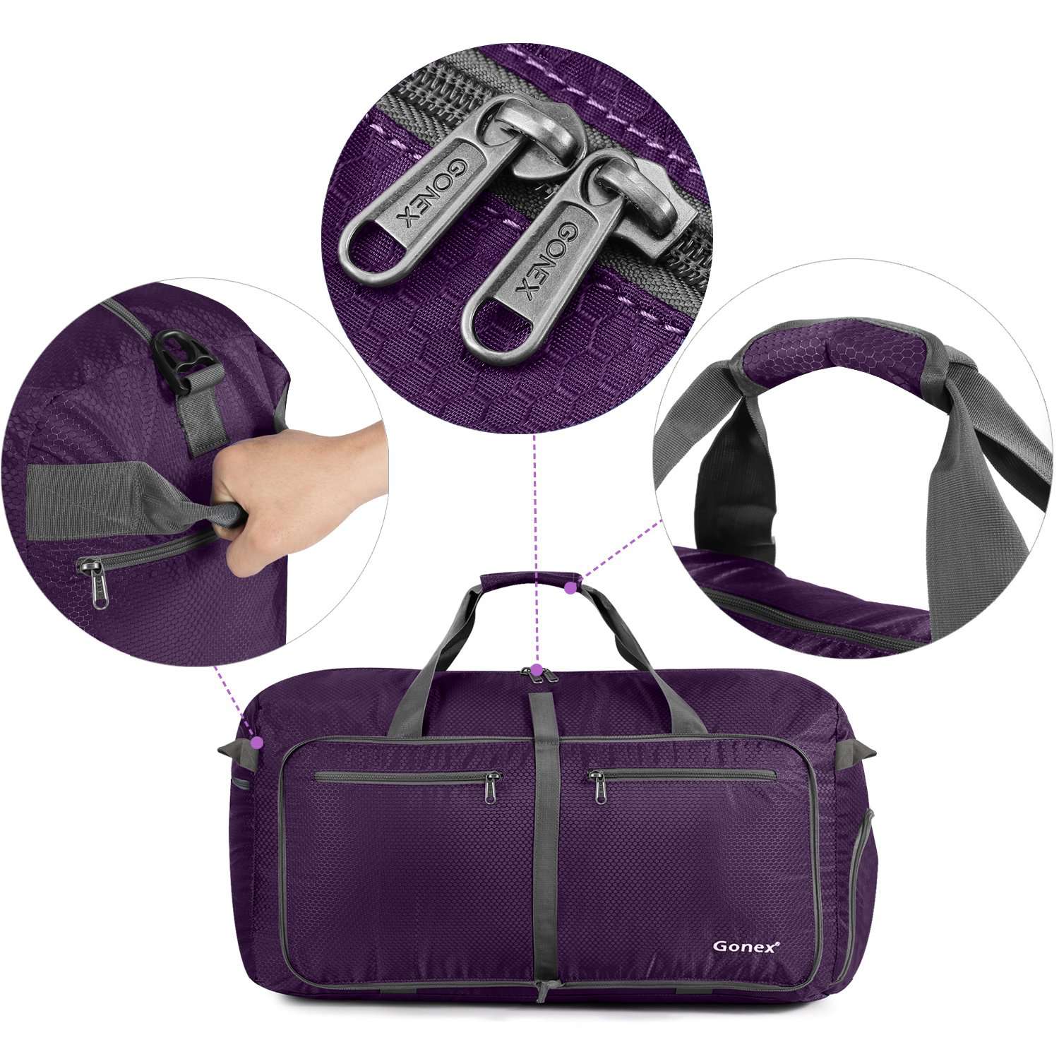 purple duffel bag