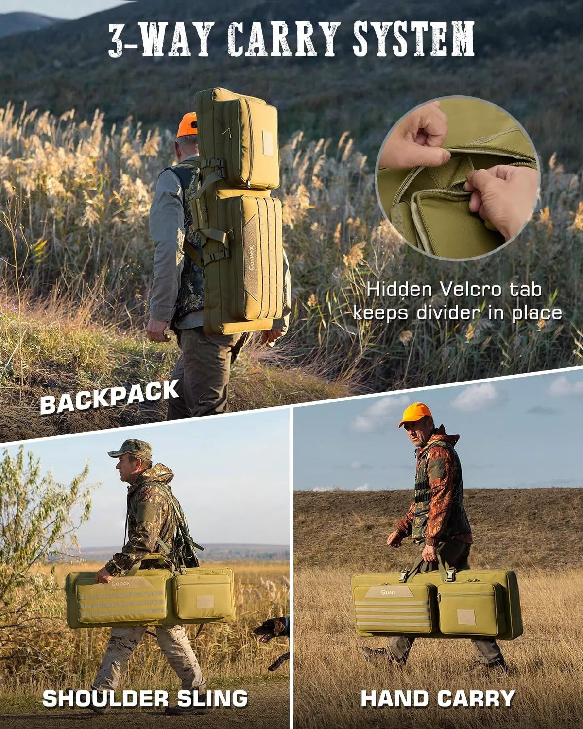 Gonex rifle and gear organizer with 3-way carry system