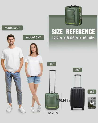 Green suitcase with size reference