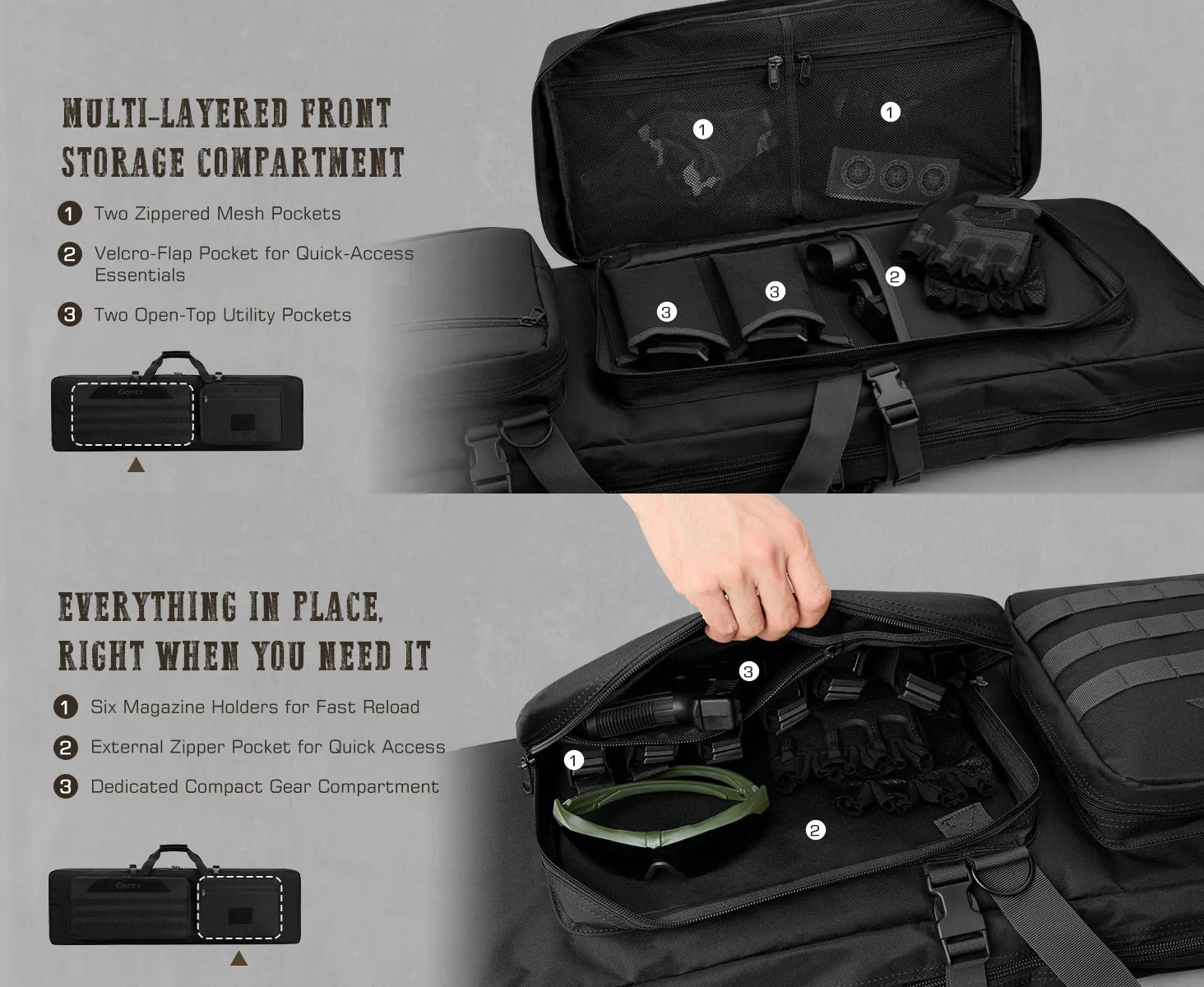 Multi-layered front storage compartment gonex tactical rifle bag