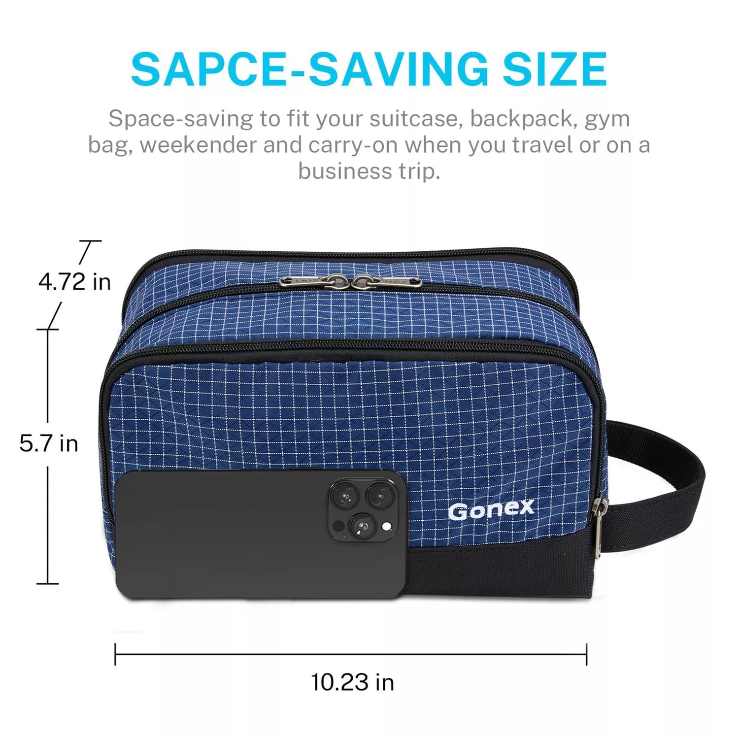 Space saving toiletry bag checkered blue